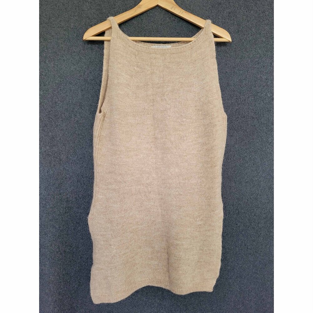 Chic Knitted Size L Italian Wool Boat Neck Beige Side Slit Tunic Sweater Vest